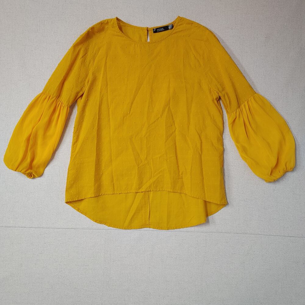 CURE Mustard Swiss Dot Balloon Sleeve Top S Boho Cottagecore Prairie